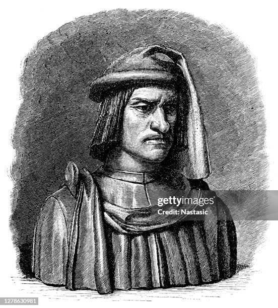 lorenzo de' medici ,known as lorenzo the magnificent 1 january 1449 – 8 april 1492)[1] was an italian statesman, de facto ruler of the florentine republic and the most powerful and enthusiastic patron of renaissance culture in italy - lorenzo il magnifico stock illustrations