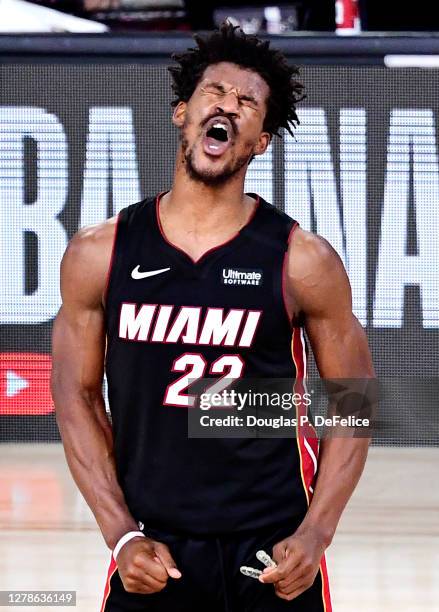 Jimmy Butler of the Miami Heat reacts during the second half against the Los Angeles Lakers at AdventHealth Arena at ESPN Wide World Of Sports...