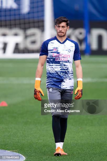 Diego Altube of Real Madrid CF looks on during warm up prior to the La Liga Santander match between Levante UD and Real Madrid at Estadio de la...