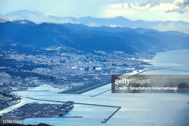 aerial coastline, skyline and cityscape of genoa, italy - genovia fotografías e imágenes de stock