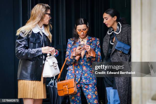 Natalia Verza, Julia Comil and Gabriella Berdugo are seen, outside Paul & Joe, during Paris Fashion Week - Womenswear Spring Summer 2021 on October...