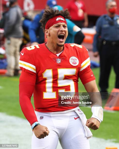 Patrick Mahomes of the Kansas City Chiefs is introduced before the game against the New England Patriots at Arrowhead Stadium on October 05, 2020 in...