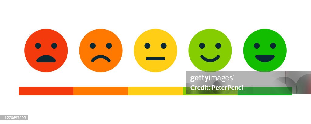 Betyg Tillfredsställelse. Uppsättning av Emotion Leenden - Exellent, Bra, Normal, Inte bra, Säng. Vector Stock Illustration