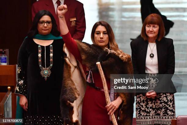 Incoming Senator Lidia Thorpe during her swearing-in at in the Senate at Parliament House on October 06, 2020 in Canberra, Australia. Incoming Greens...