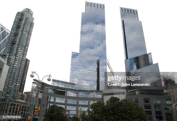 Glass towers of the AOL Time Warner Center are seen in Columbus Circle on October 05, 2020 in New York City.