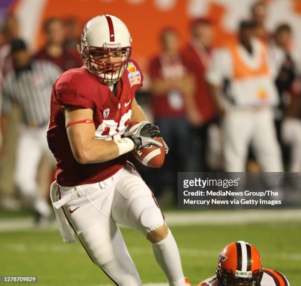 Stanford University's Zach Ertz runs for the end zone on a pass play for a touchdown against the Virginia Tech Hokies in the second quarter of the...