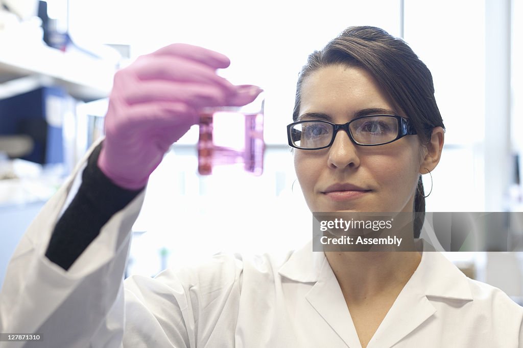 Female scientist  examines sample in lab