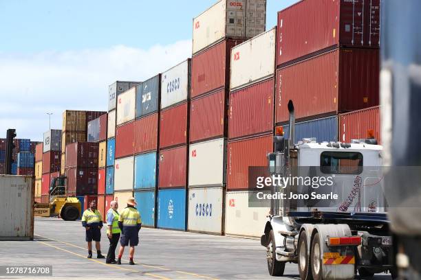General views of shipping containers at the Port of Brisbane on October 06, 2020 in Brisbane, Australia. Premier Annastacia Palaszczuk held a press...