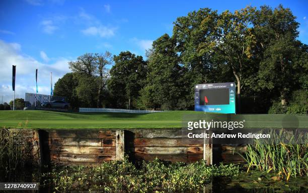 General view of the 18th green scoreboard ahead of the BMW PGA Championship at Wentworth Golf Club on October 06, 2020 in Virginia Water, England.