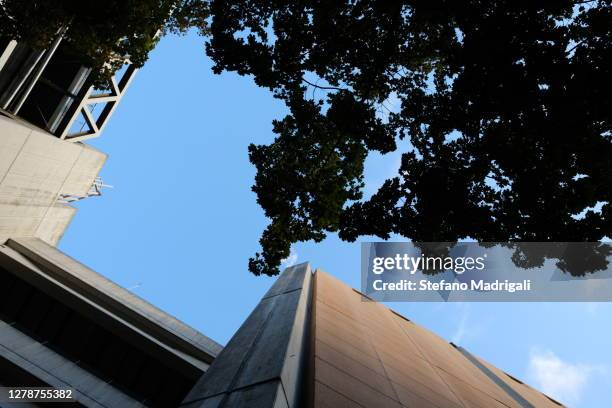 facade of the building seen from below, with albero e clouds and sky, concept of business and innovation - green economy foto e immagini stock
