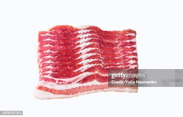 raw bacon on white background. isolated. - bacon strip stock pictures, royalty-free photos & images