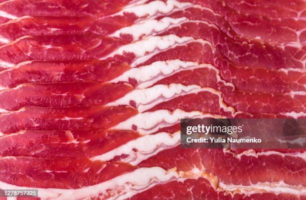 raw bacon as background, top view. - carne procesada fotografías e imágenes de stock