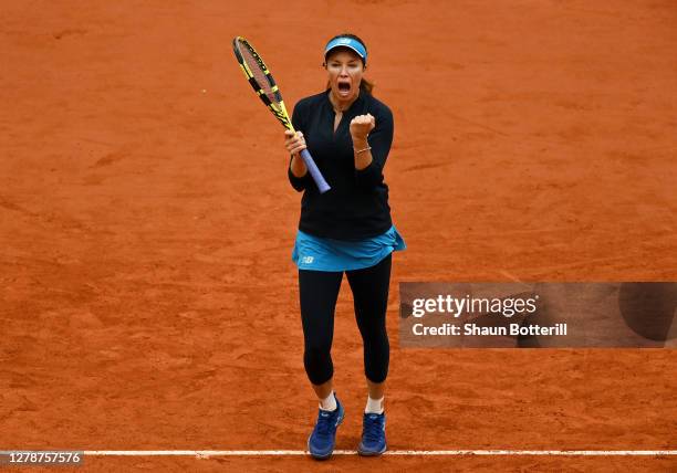 Danielle Collins of The United States of America celebrates after winning the first set during her Women's Singles fourth round match against Ons...