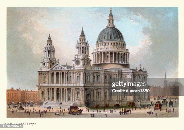 ilustraciones, imágenes clip art, dibujos animados e iconos de stock de catedral de san pablo, monumentos victorianos en londres, grabado de arte del siglo xix - st pauls cathedral london