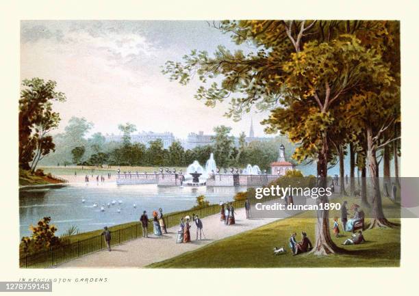 in kensington gardens, victorian london, 19th century art print - formal garden stock illustrations