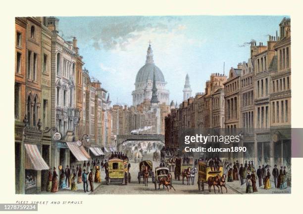fleet street and st paul's, victorian london, 19th century - st paul's cathedral london stock illustrations