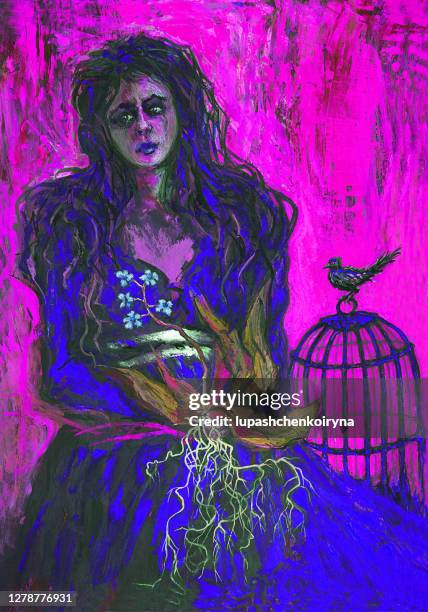 illustration ölgemälde porträt einer jungen l frau in einem hellblauen kleid mit langen dunklen haaren auf rosa hintergrund - vogelkäfig stock-grafiken, -clipart, -cartoons und -symbole