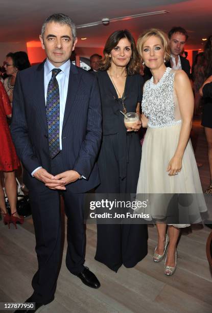 Rowan Atkinson, Sunetra Sastry and Gillian Anderson attend the 'Johnny English Reborn' UK premiere after party at Senkai on October 2, 2011 in...