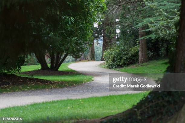 winding gravel path through the park, vivid green, meandering walkway between the trees on estate grounds - bendy ストックフォトと画像