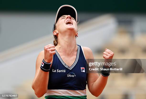 Nadia Podoroska of Argentina celebrates after winning match point during her Women's Singles quarterfinals match against Elina Svitolina of Ukraine...