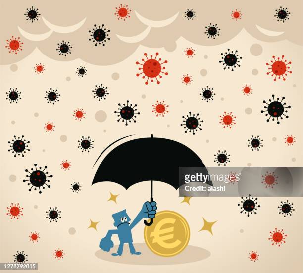 illustrazioni stock, clip art, cartoni animati e icone di tendenza di l'uomo d'affari tiene un ombrello per proteggere il denaro in valuta dell'unione europea (euro sign coin) dal nuovo panico da coronavirus (covid-19); pandemia e crisi finanziaria - european union coin