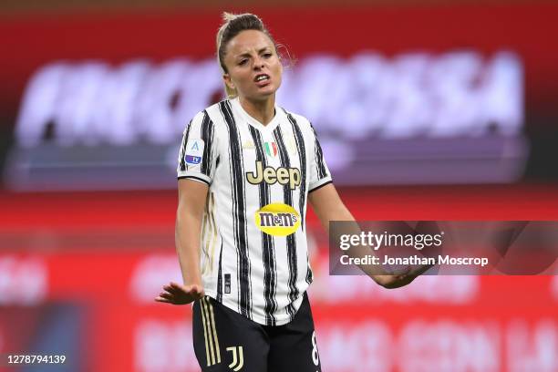 Martina Rosucci of Juventus reacts during the Women's Serie A match between AC Milan and Juventus at Stadio Giuseppe Meazza on October 05, 2020 in...