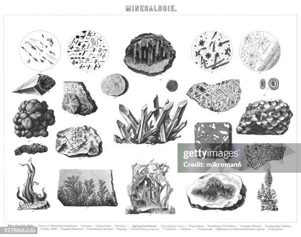 antique illustration of crystal habits and forms of minerals and gems, mineralogy - fes morocco stock pictures, royalty-free photos & images