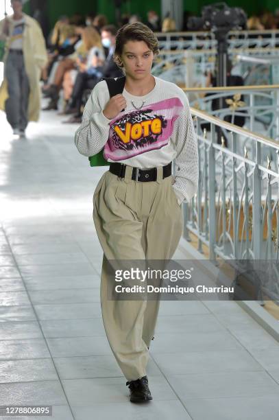 Model walks the runway during the Louis Vuitton Womenswear Spring/Summer 2021 show as part of Paris Fashion Week on October 06, 2020 in Paris, France.