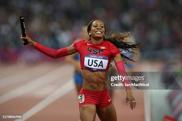 Sanya Richards-Ross of USA anchors the USA 4x400m Women's relay team to victory during the 2012 London Olympics at The Olympic Stadium on August 11,...