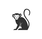 Monkey silhouette vector illustration. Black and white ape logo. Isolated on white background