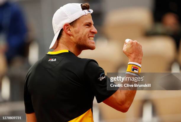 Diego Schwartzman of Argentina celebrates after winning a point during his Men's Singles quarterfinals match against Dominic Thiem of Austria on day...