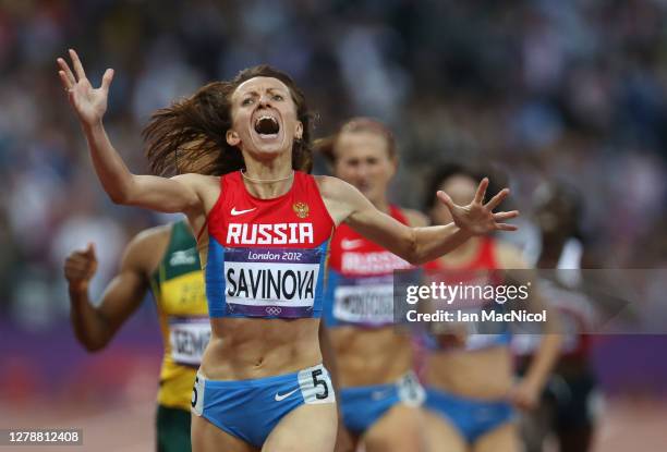 Mariya Savinova of Russia is seen on her way to victory in the Women's 800m Final, Savinova was later stripped of her 800m title and banned after...