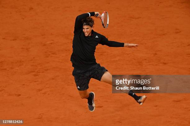 Dominic Thiem of Austria plays a forehand during his Men's Singles quarterfinals match against Diego Schwartzman of Argentina on day ten of the 2020...