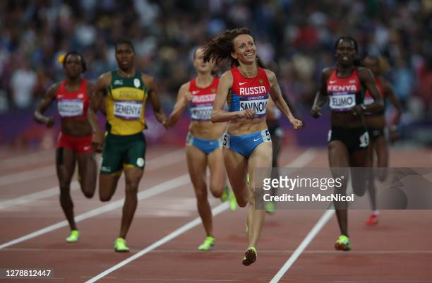 Mariya Savinova of Russia is seen on her way to victory in the Women's 800m Final, Savinova was later stripped of her 800m title and banned after...