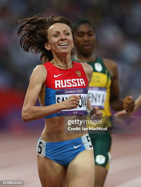 Mariya Savinova of Russia is seen on her way to victory in the Women's 800m Final, Savinova was later stripped of her 800m title and banned after...