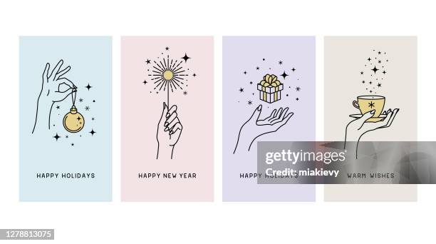 happy holidays greetings - gift hand stock illustrations