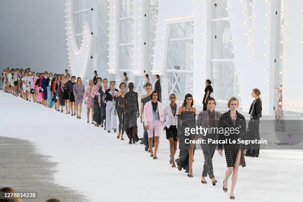 Models walk the runway during the Chanel Womenswear Spring/Summer 2021 show as part of Paris Fashion Week on October 06, 2020 in Paris, France.