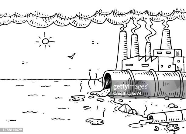 sea pollution with factory hand drawn illustration - water pollution stock illustrations