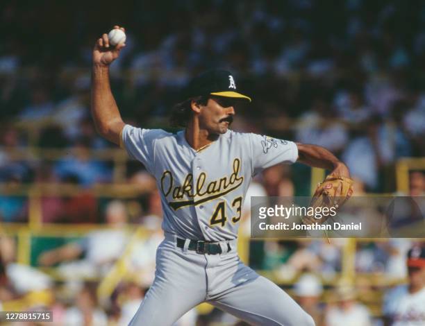 Dennis Eckersley, Pitcher for the Oakland Athletics prepares to throw during the Major League Baseball National League East game against the Chicago...