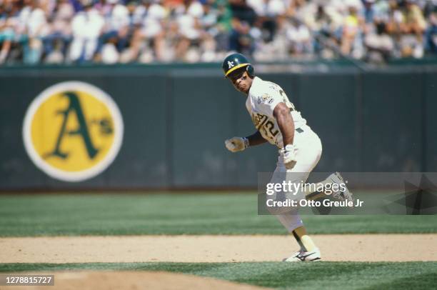 Rickey Henderson, Left fielder for the Oakland Athletics runs the baseline during the Major League Baseball American League West game against the...