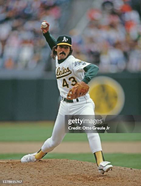 Dennis Eckersley, Pitcher for the Oakland Athletics prepares to throw during the Major League Baseball American League West game against the...