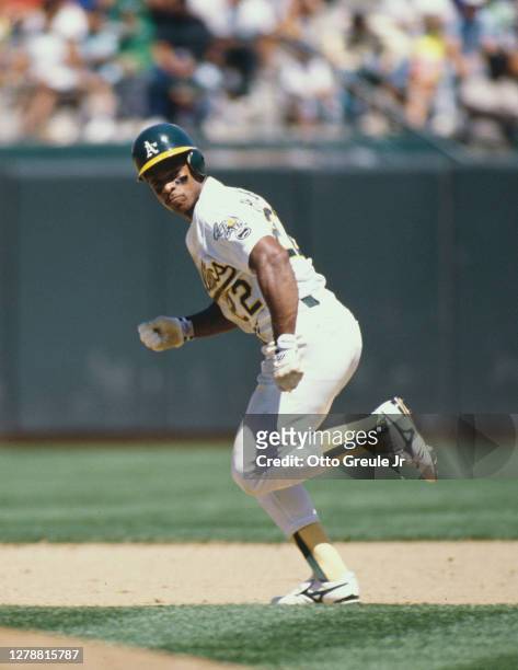 Rickey Henderson, Leftfielder for the Oakland Athletics runs the baseline during the Major League Baseball American League West game against the...