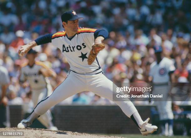 Nolan Ryan of the Houston Astros on the mound preparing to throw a pitch during the Major League Baseball National League East game against the...