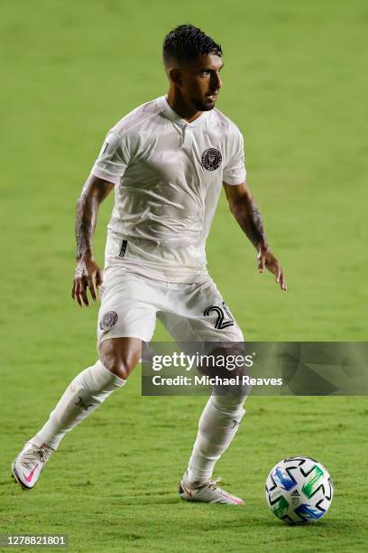 DeLaGarza of Inter Miami CF in action against New York City FC at Inter Miami CF Stadium on October 03, 2020 in Fort Lauderdale, Florida.