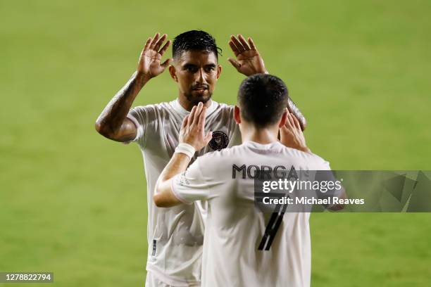 DeLaGarza and Lewis Morgan of Inter Miami CF celebrate a goal against New York City FCat Inter Miami CF Stadium on October 03, 2020 in Fort...