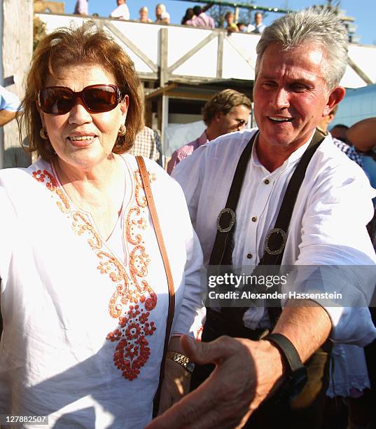 Jupp Heynckes, head coach of FC Bayern Muenchen attends with his wife Iris Heynckes the Oktoberfest beer festival at the Kaefer Wiesnschaenke tent on...