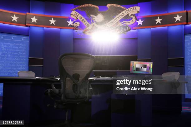 Color chart stands on the stage of the debate hall ahead of the vice presidential debate in Kingsbury Hall of the University of Utah October 6, 2020...