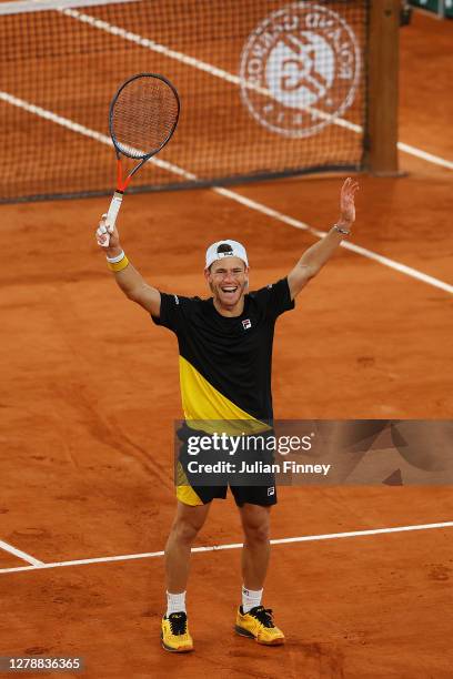 Diego Schwartzman of Argentina celebrates after winning match point during his Men's Singles quarterfinals match against Dominic Thiem of Austria on...