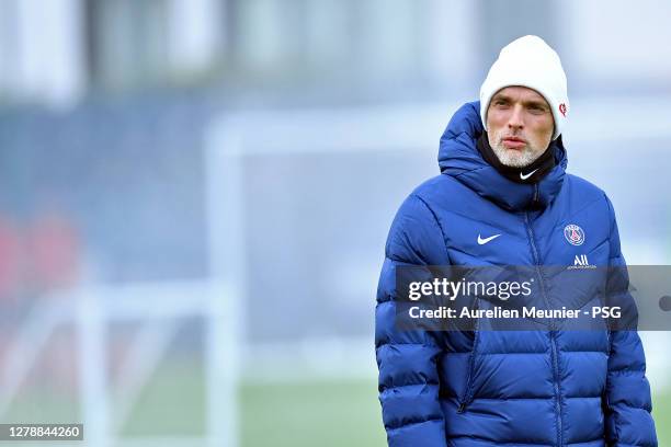 Paris Saint-Germain head coach Thomas Tuchel reacts during a Paris Saint-Germain training session at Ooredoo Center on October 06, 2020 in Paris,...