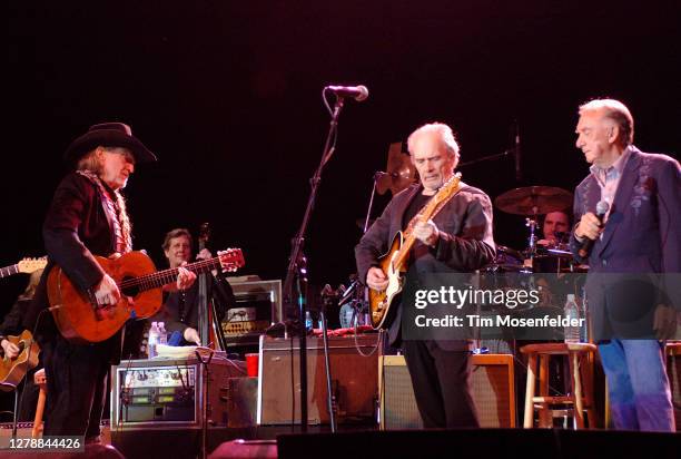 Willie Nelson, Merle Haggard, and Ray Price perform during the "Last of a Breed" tour at The Backyard on March 16, 2007 in Austin, Texas.